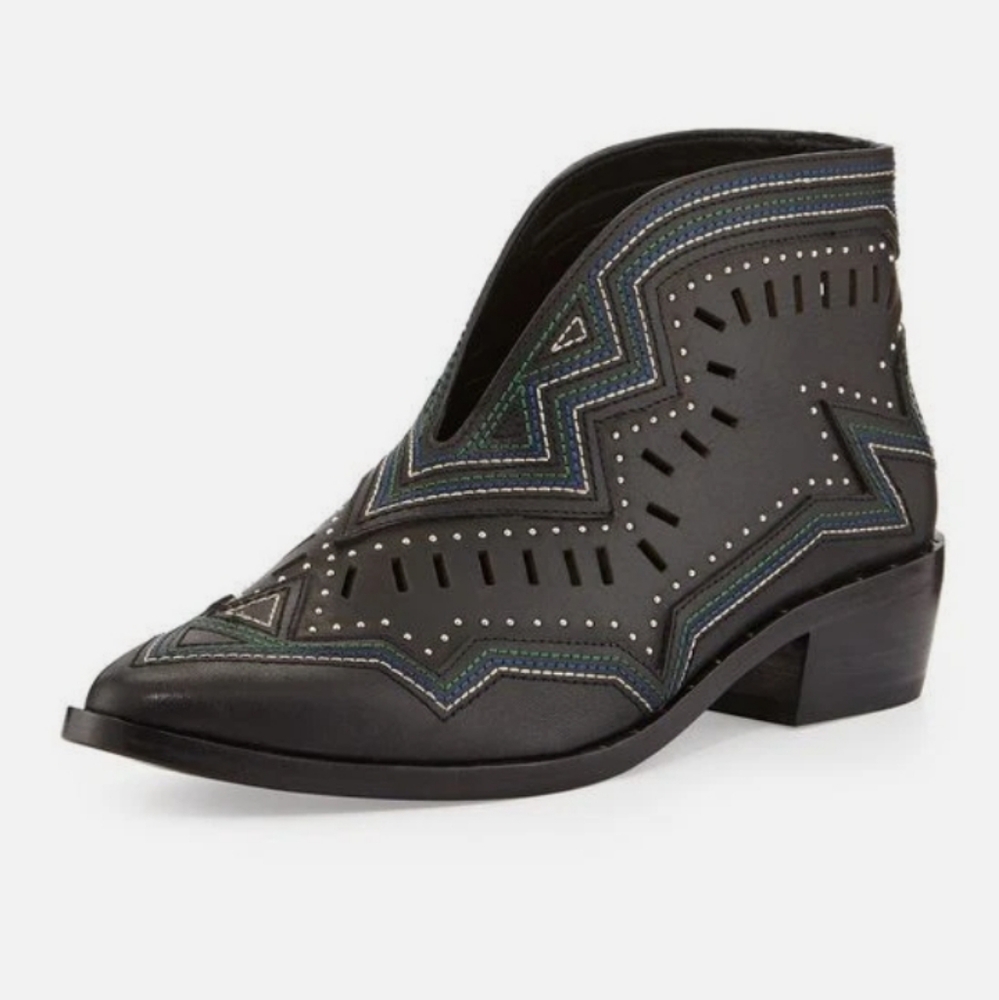 Ivy Kirzhner Black and Green Ankle Boots with Geometric Studs, Size 7.5